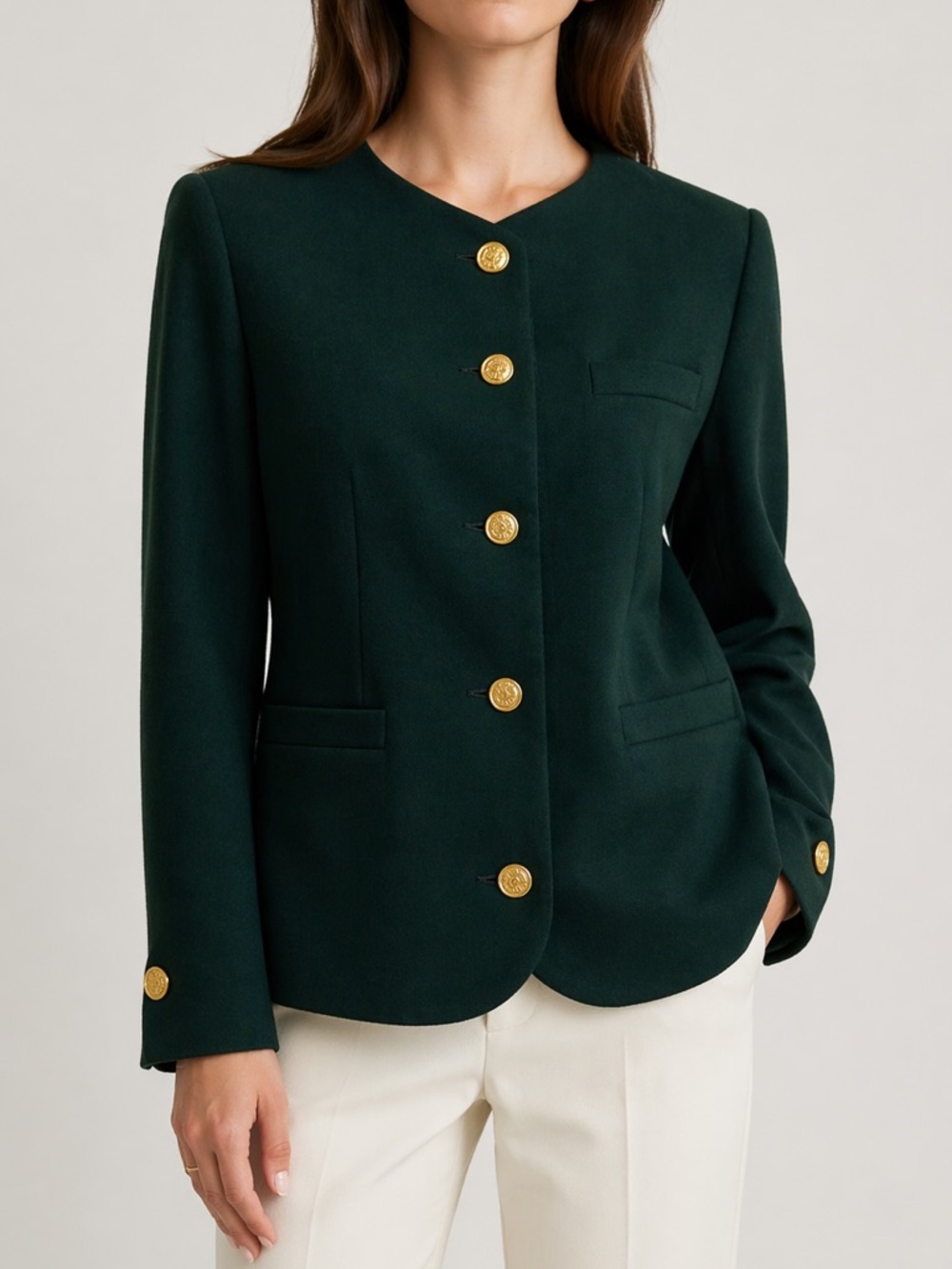 Jos. A. Bank Forest Green Collarless Gold Logo Button 100% Wool Blazer Size 10